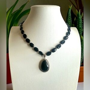 Sterling Silver Black Onyx Beaded Necklace with Large Black Stone Pendant